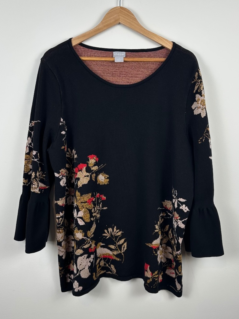 Chico's Metallic Floral Bell Sleeve Tunic Sweater Black Size 4 XL XXL